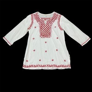 Solitaire Embroidered Tunic Top Red White Size M
